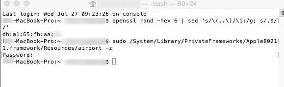 命令：sudo /System/Library/PrivateFrameworks/Apple80211.framework/Resources/airport -z