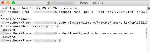 命令：sudo ifconfig en0 ether xx:xx:xx:xx:xx:xx