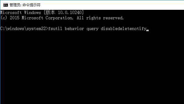 输入 fsutil behavior query disabledeletenotify 并按回车