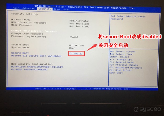 将 Secure Boot 改成 disabled 关闭安全启动