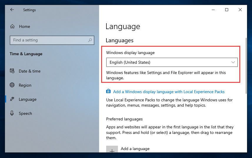 Windows display language