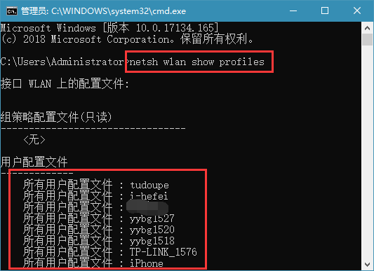 输入：netsh wlan show profiles 命令