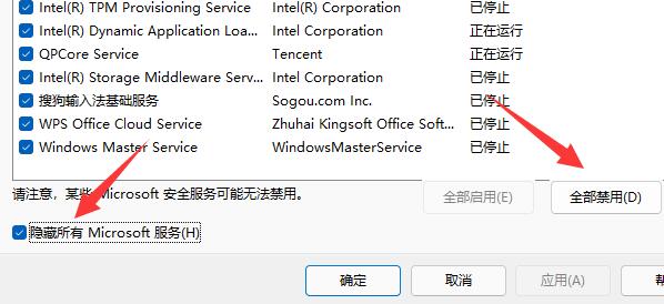 勾选隐藏所有 Microsoft 服务(H)