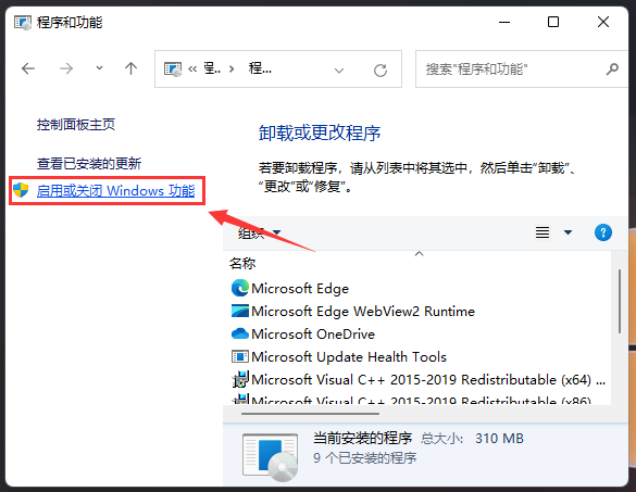 启用或关闭 Windows 功能