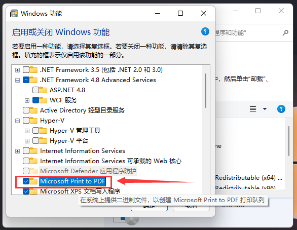 勾选Microsoft Print to PDF